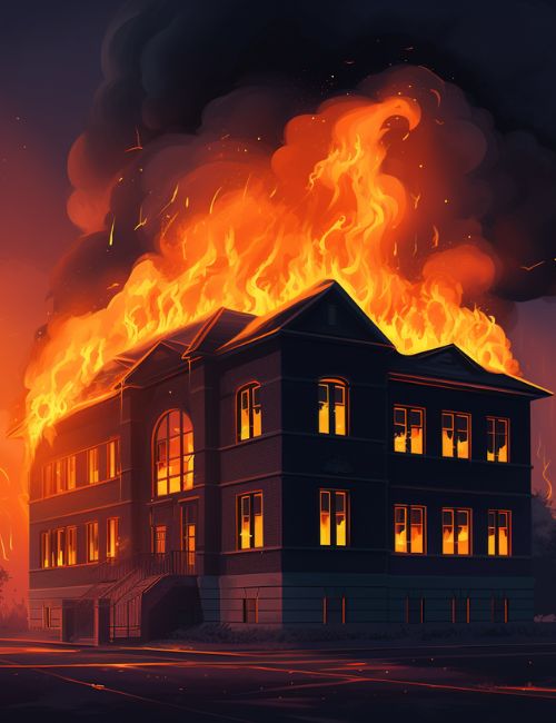 A art piece of a school caught on fire